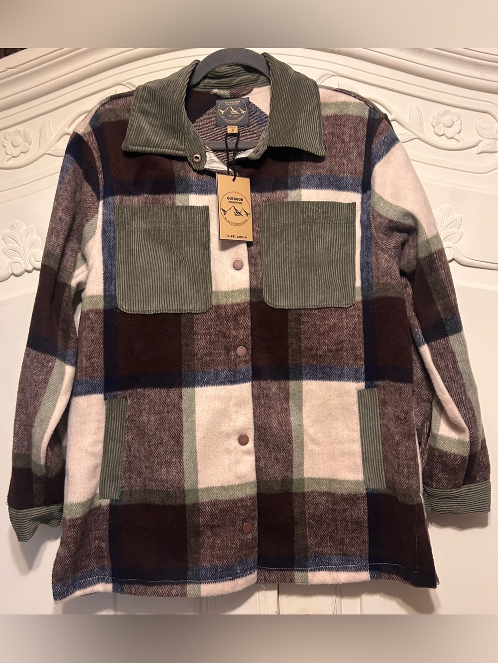 NWT Ashley Outerwear Plaid Utility Shacket Jacket Corduroy Trim